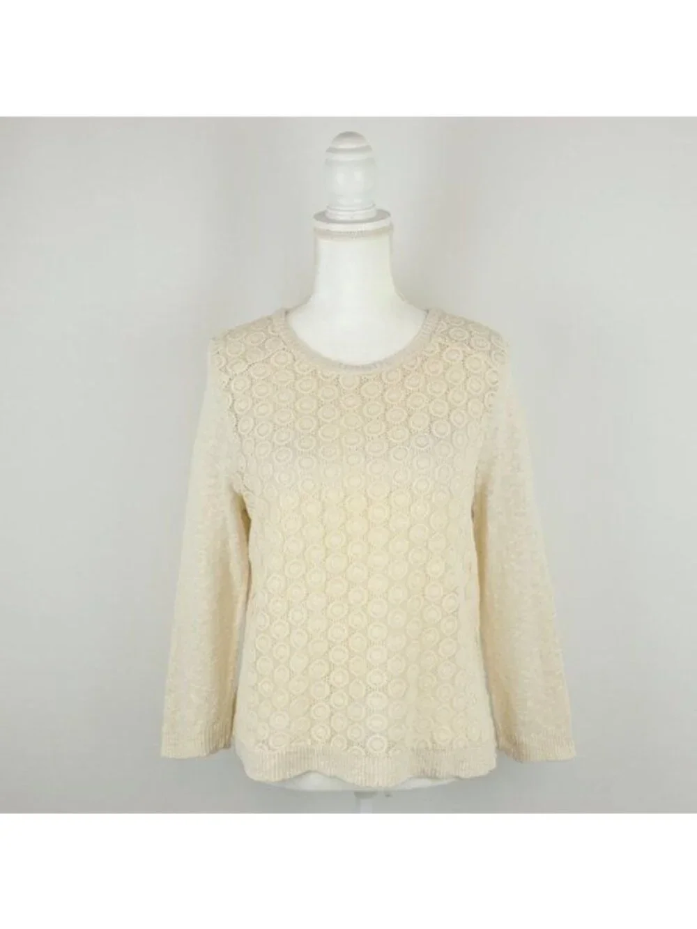 Lucky Brand Women's Medium Cream Scoop Neck Open Work Crochet Sweater